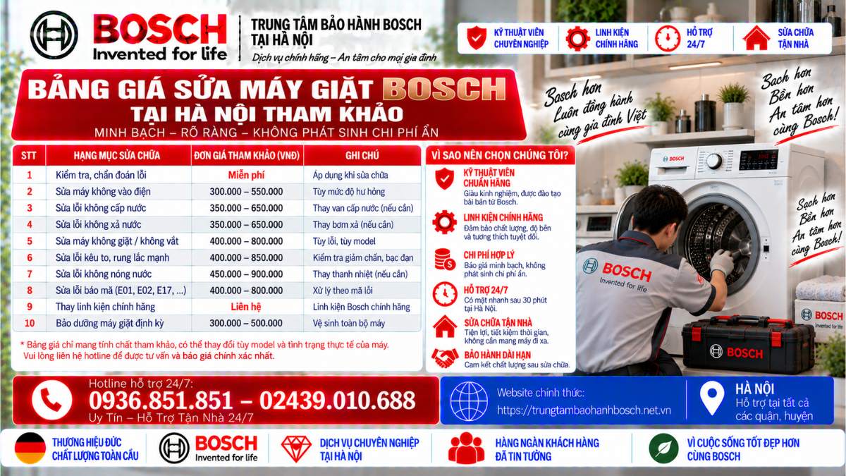 Bảng Giá Sửa Máy Giặt Bosch Tại Hà Nội Tham Khảo Website chính thức: https://trungtambaohanhbosch.net.vn