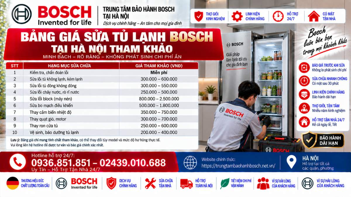 Bảng Giá Sửa Tủ Lạnh Bosch Tại Hà Nội Tham Khảo Website chính thức: https://trungtambaohanhbosch.net.vn/