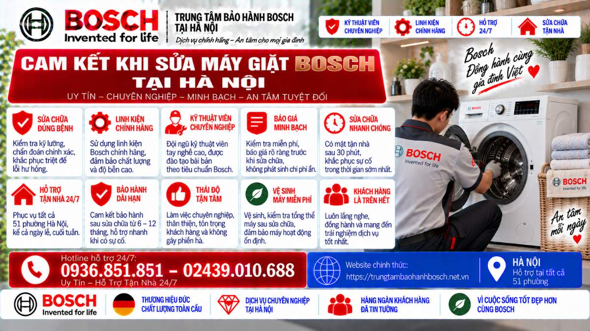 Cam Kết Khi Sửa Máy Giặt Bosch Tại Hà Nội Website chính thức: https://trungtambaohanhbosch.net.vn