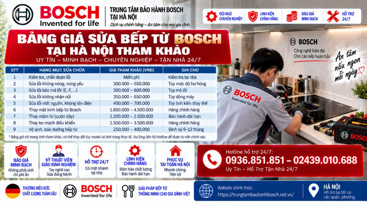Bảng Giá Sửa Bếp Từ Bosch Tại Hà Nội Tham Khảo Website chính thức: https://trungtambaohanhbosch.net.vn/
