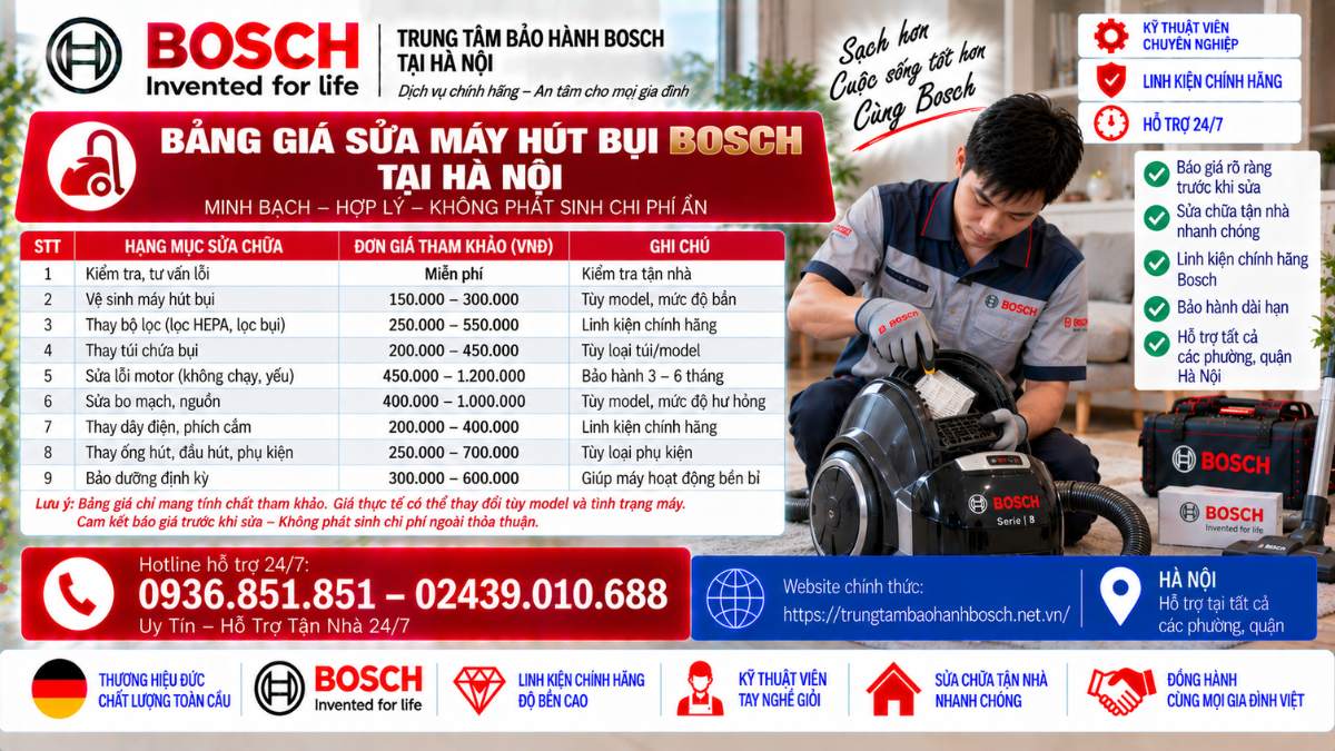 Bảng Giá Sửa Máy Hút Bụi Bosch Tại Hà Nội Website chính thức: https://trungtambaohanhbosch.net.vn/