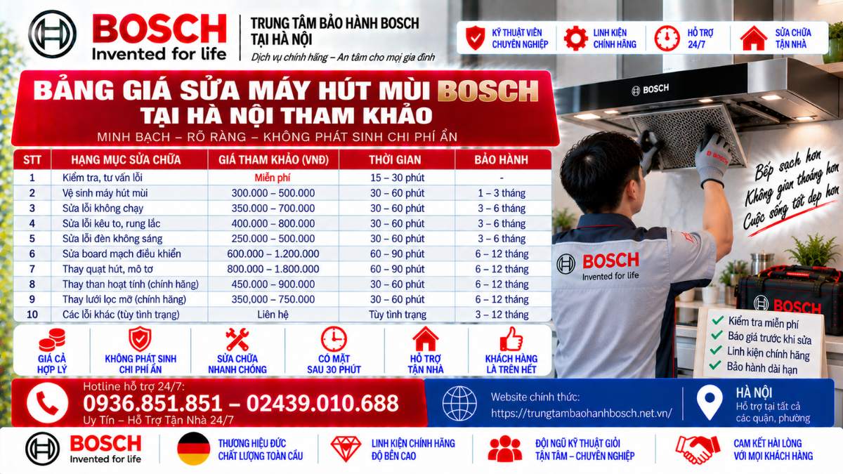 Bảng Giá Sửa Máy Hút Mùi Bosch Tại Hà Nội Tham Khảo Website chính thức: https://trungtambaohanhbosch.net.vn/