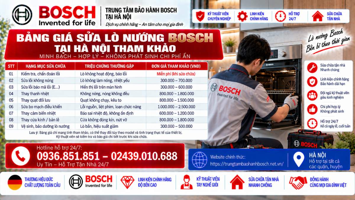 Bảng Giá Sửa Lò Nướng Bosch Tại Hà Nội Tham Khảo Website chính thức: https://trungtambaohanhbosch.net.vn/
